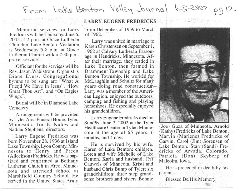 Fredricks, Larry obit from Lake Benton Valley Journal 6-5-20.jpg