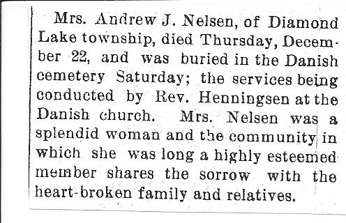 Nielsen, Krestina obit 12-28-1904 LB News pg 1.jpg